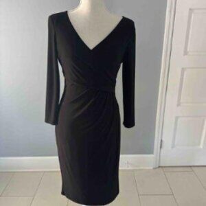 Black Long-Sleeve V-Neck Faux-Wrap Sheath Dress